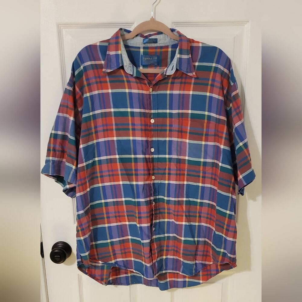 Pendleton Blue & Red Plaid Button Down Short Sleeve Shirt 100% Cotton XL
